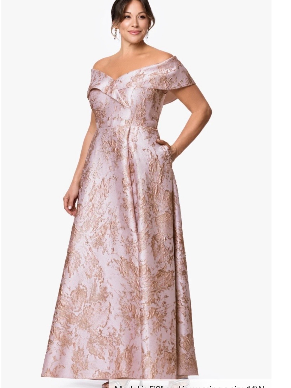 Xscape Blush Pink and Gold Off-Shoulder Jacquard Gown